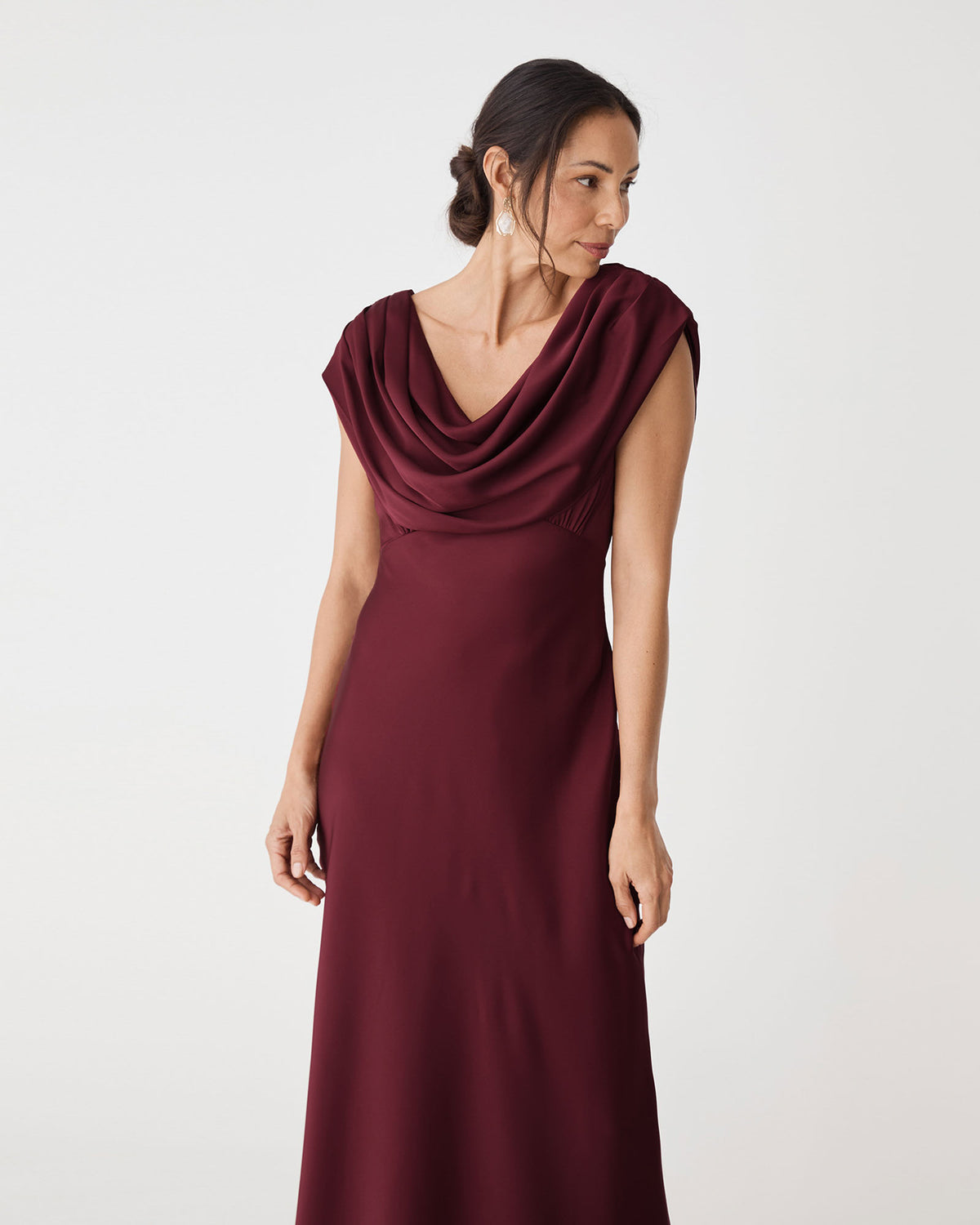 Caroline Cowl Satin Dress in rhubarb — close-up view