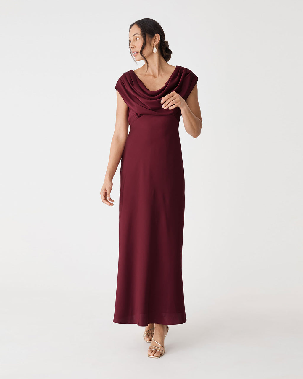 Caroline Cowl Satin Dress in rhubarb — front view