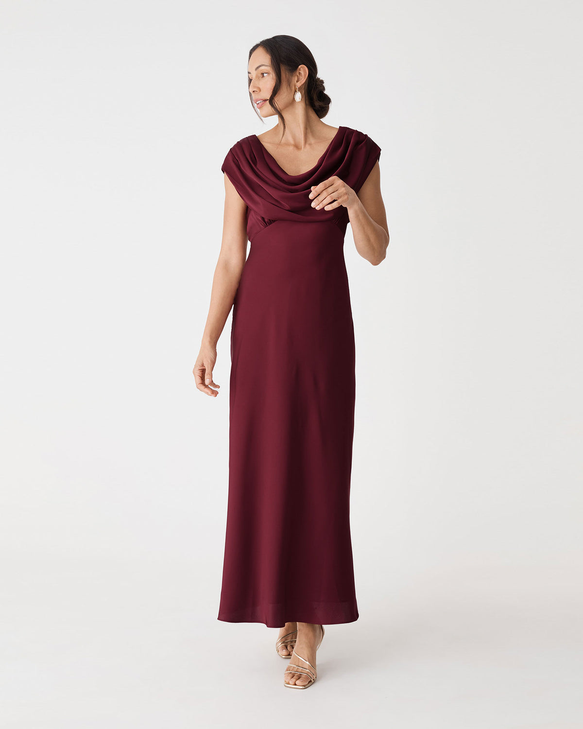 Caroline Cowl Satin Dress in rhubarb — front view