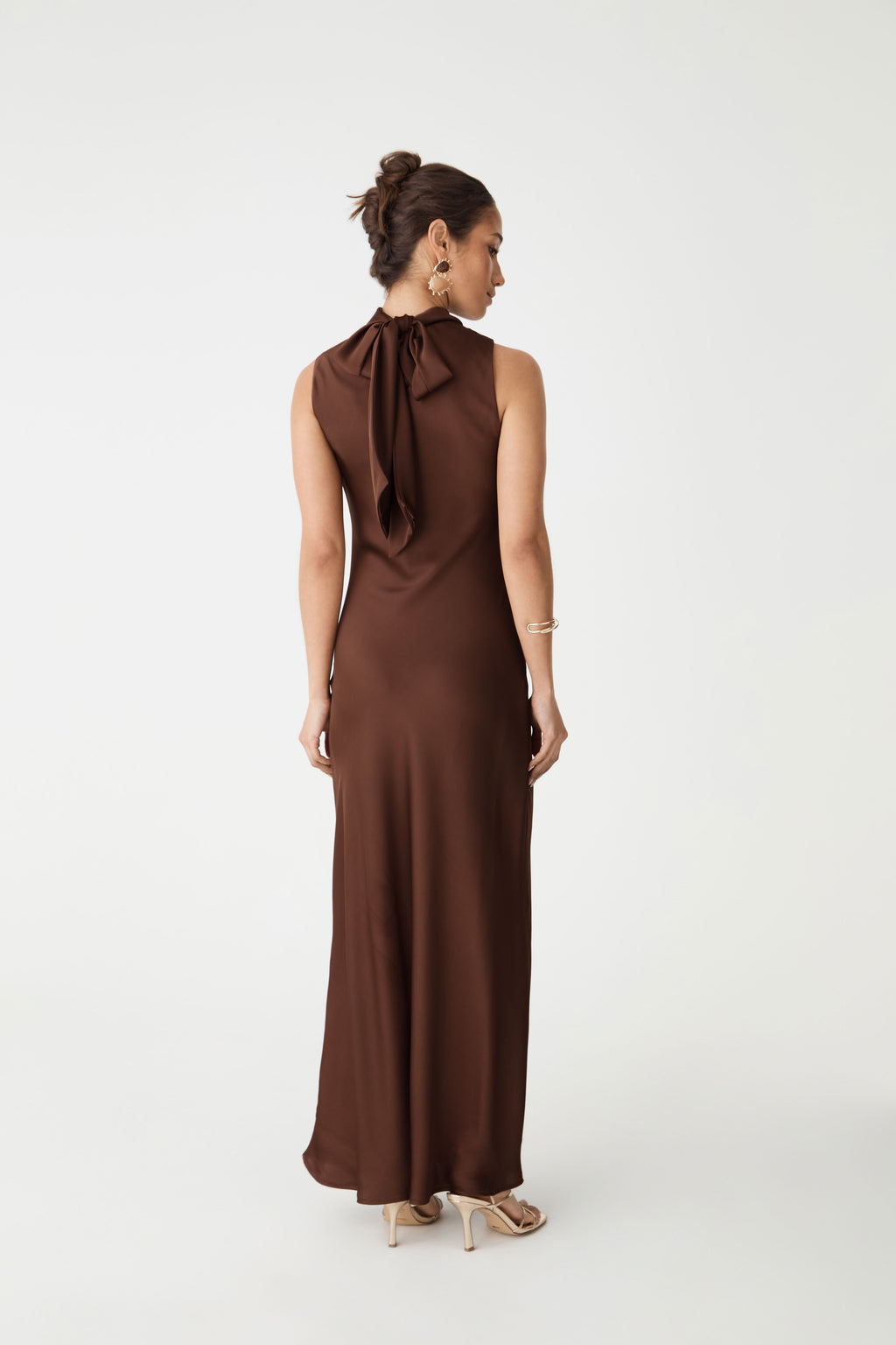 Lorelei Tie Neck Satin Dress in fudge — back view
