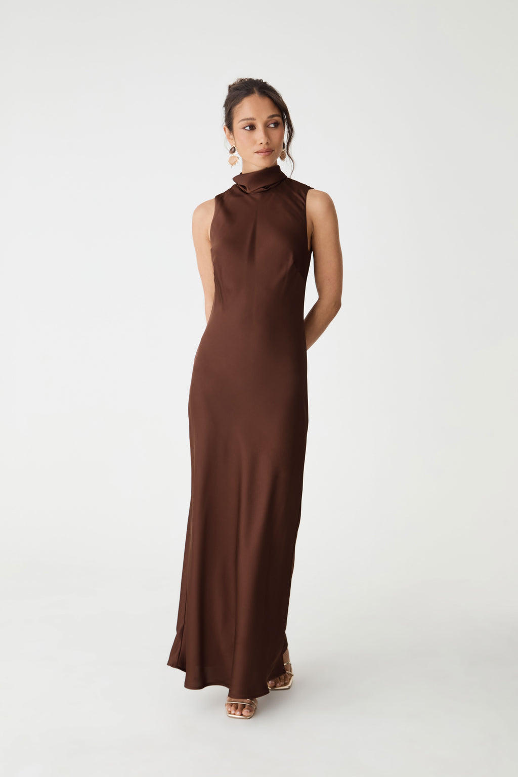 Lorelei Tie Neck Satin Dress in fudge — full-length view