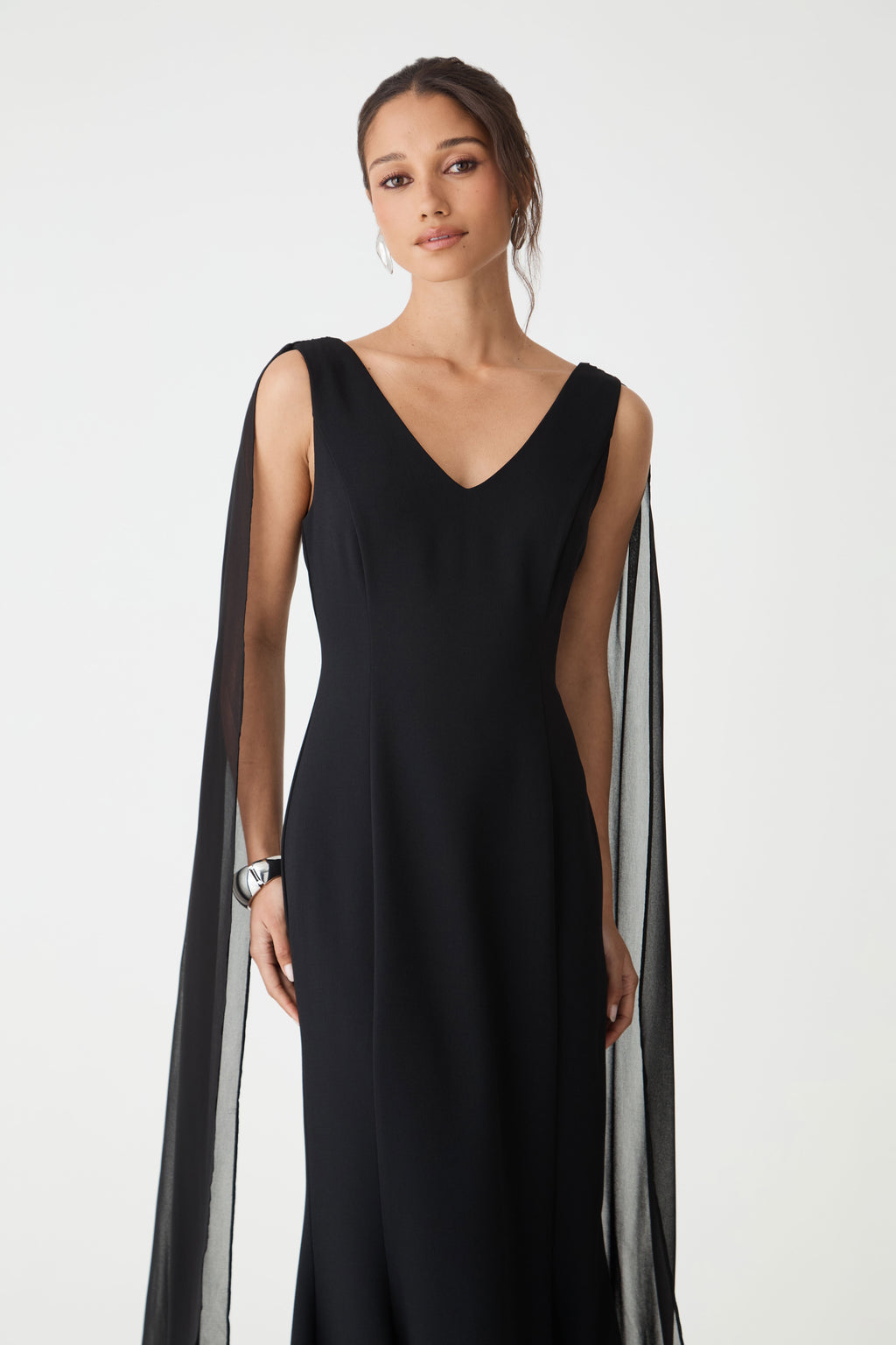 Marissa Mermaid Scarf Dress in black — close-up view