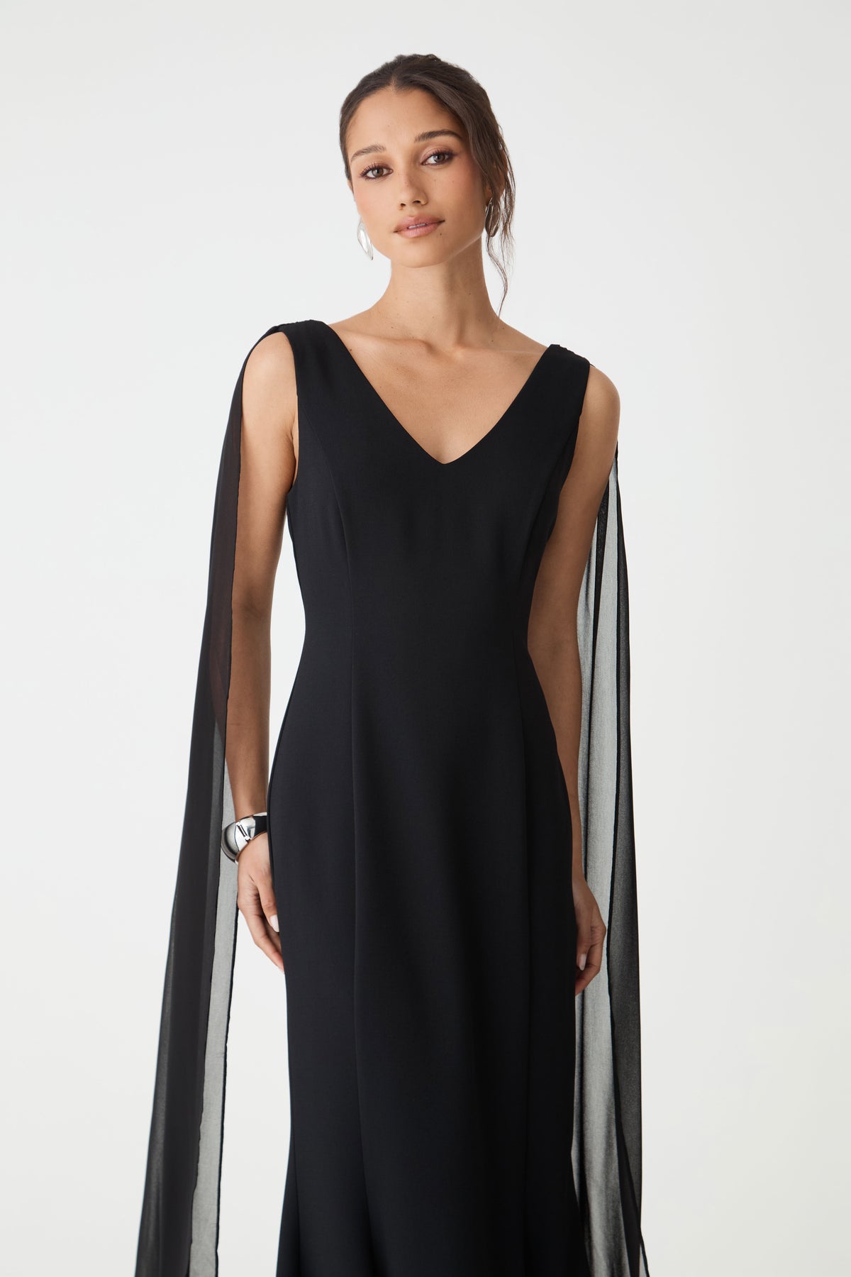 Marissa Mermaid Scarf Dress in black — close-up view