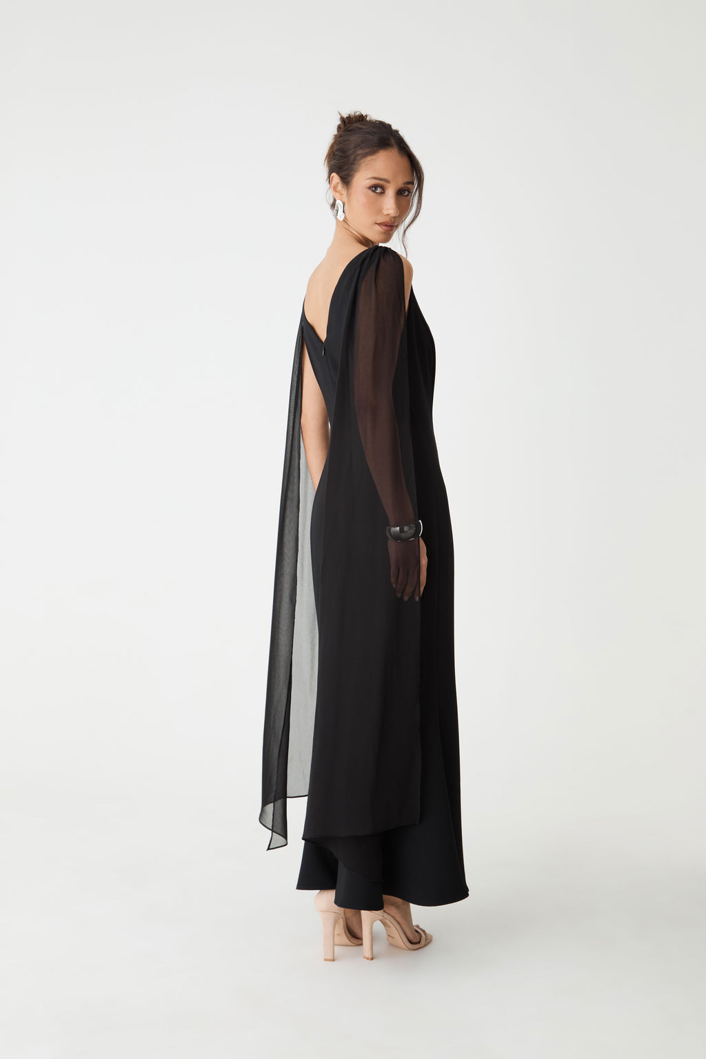 Marissa Mermaid Scarf Dress in black — fabric detail