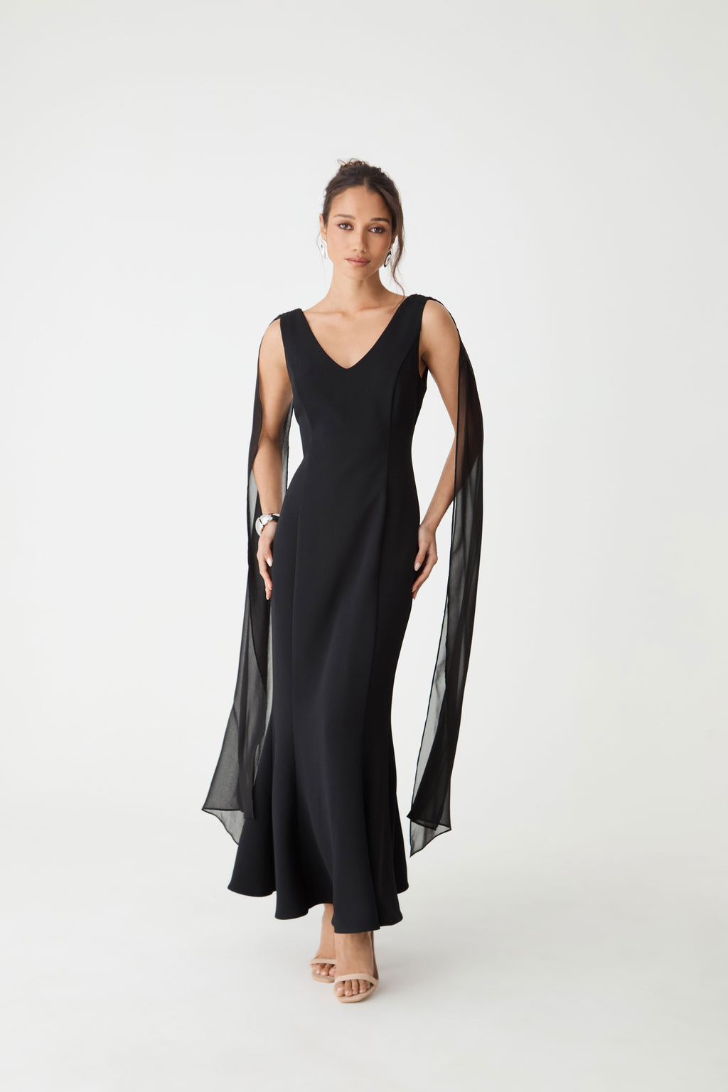 Marissa Mermaid Scarf Dress in black — full-length view