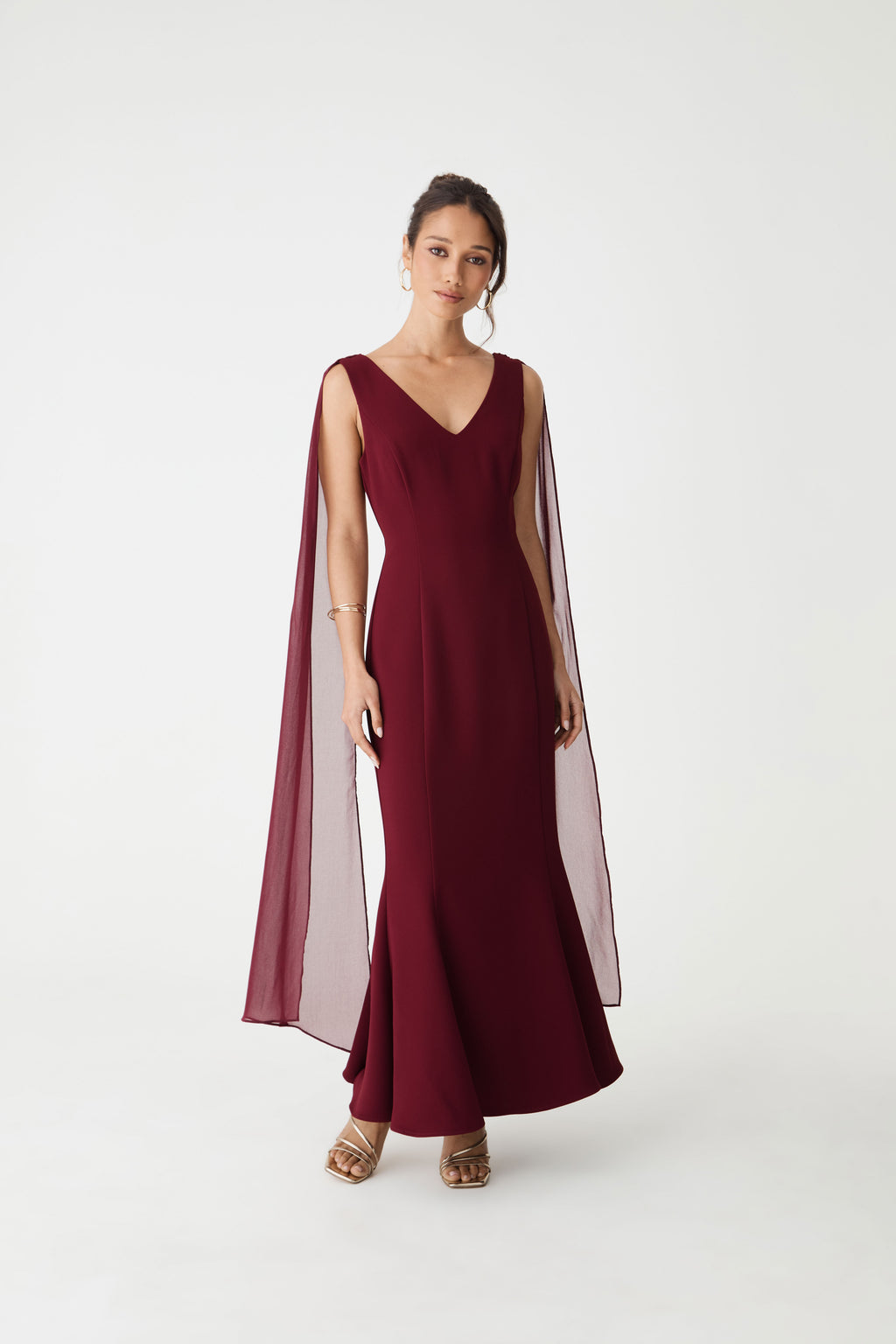 Marissa Mermaid Scarf Dress in shiraz — full-length view