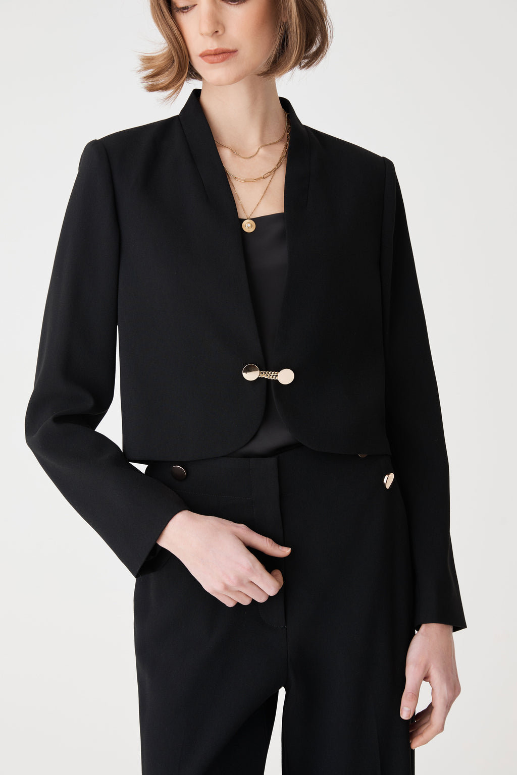 Veronica Crop Crepe Jacket in black — fabric detail