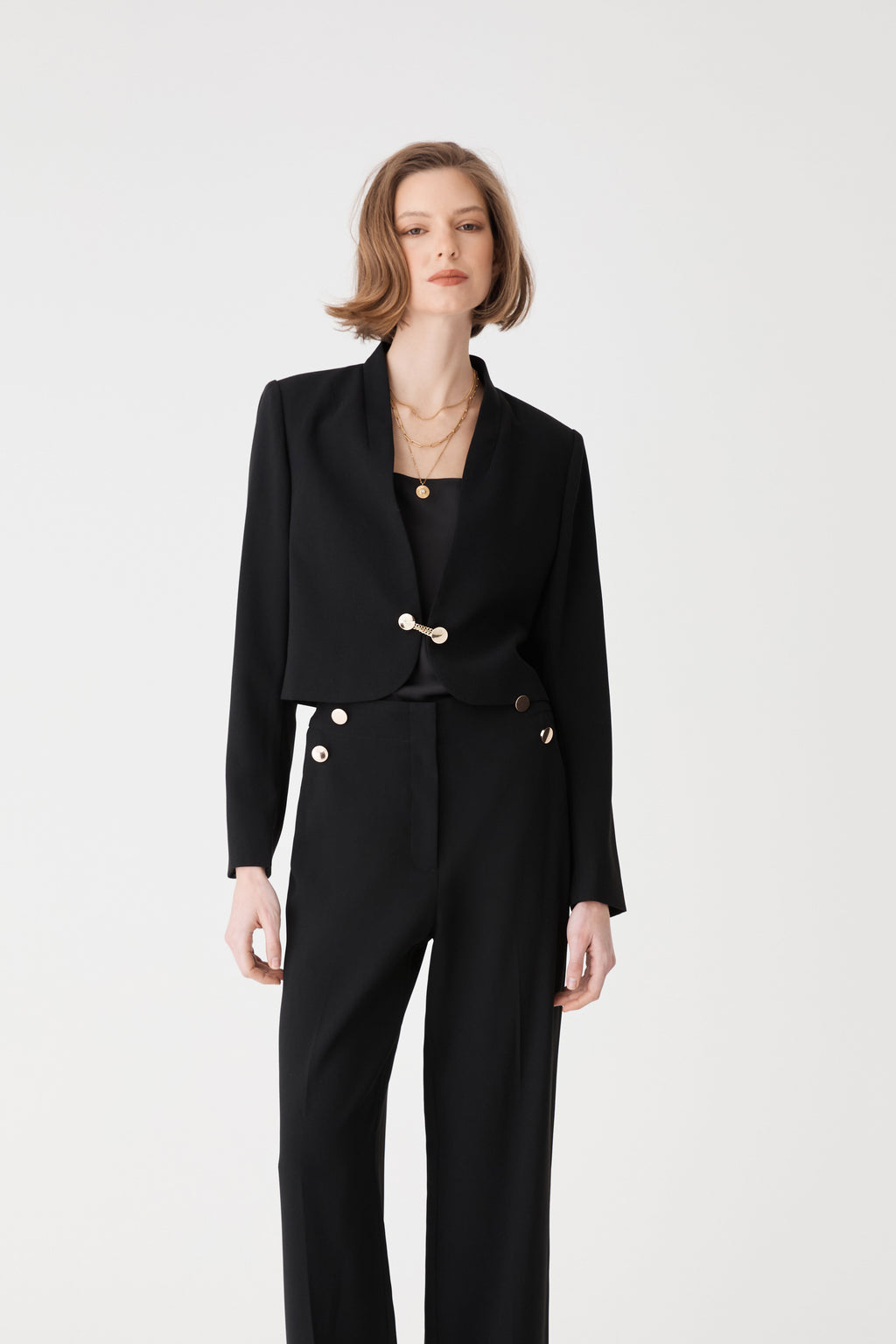 Veronica Crop Crepe Jacket in black — full-length view