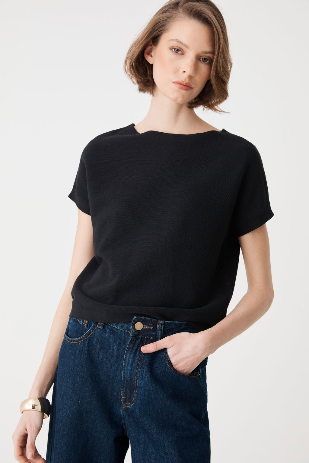 Brandy Relaxed Cotton Knit Top in black — fabric detail