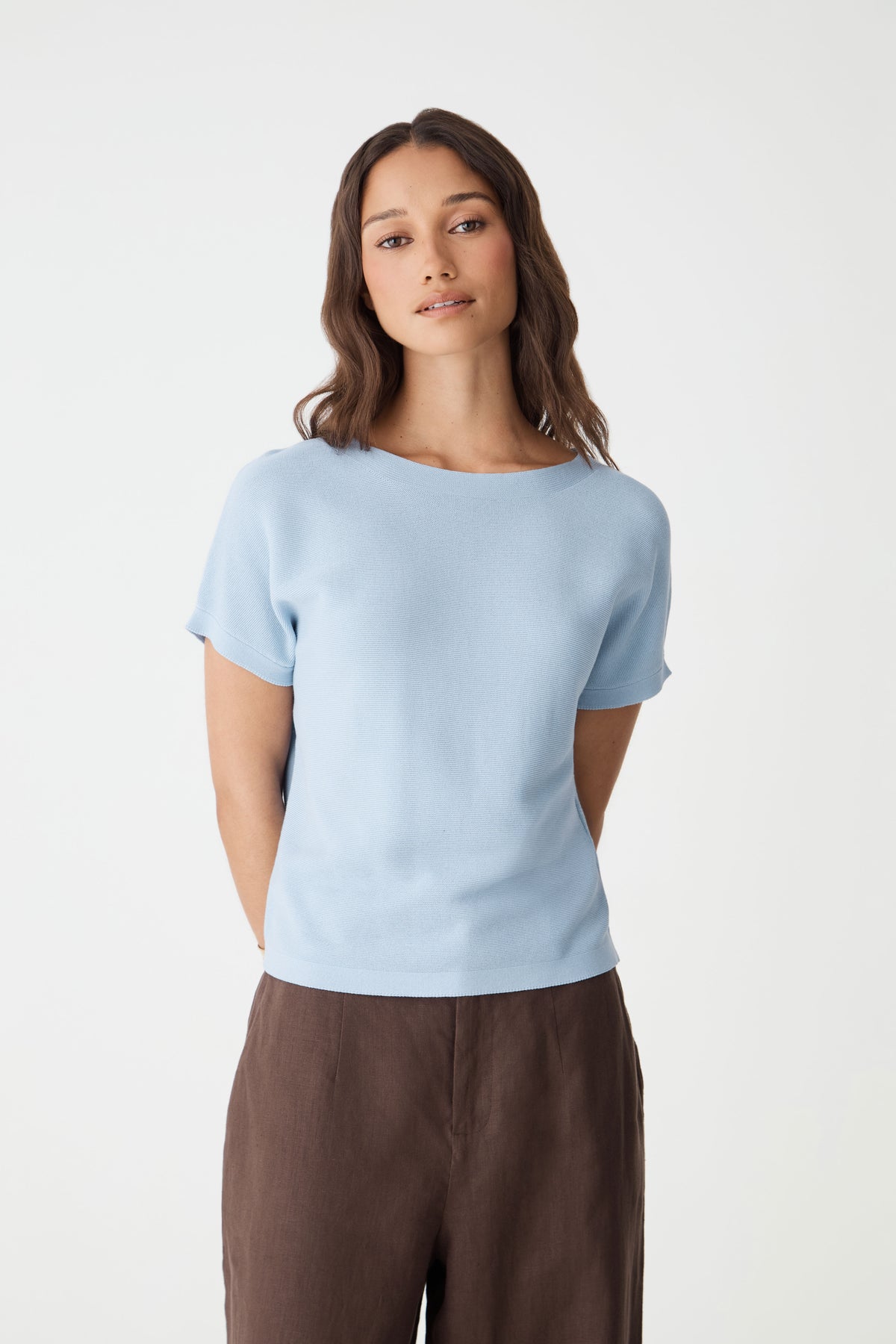 Brandy Relaxed Cotton Knit Top in powder blue — close-up view