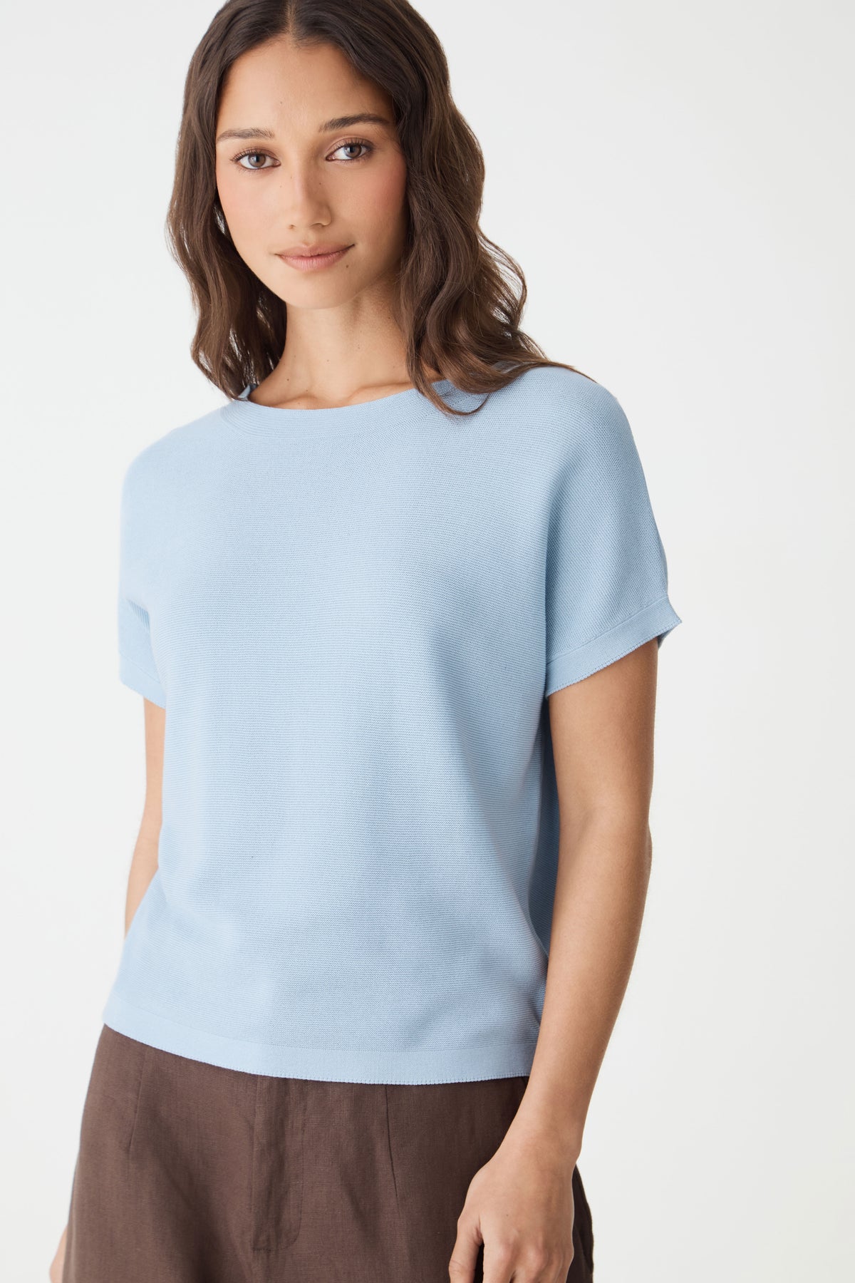 Brandy Relaxed Cotton Knit Top in powder blue — fabric detail