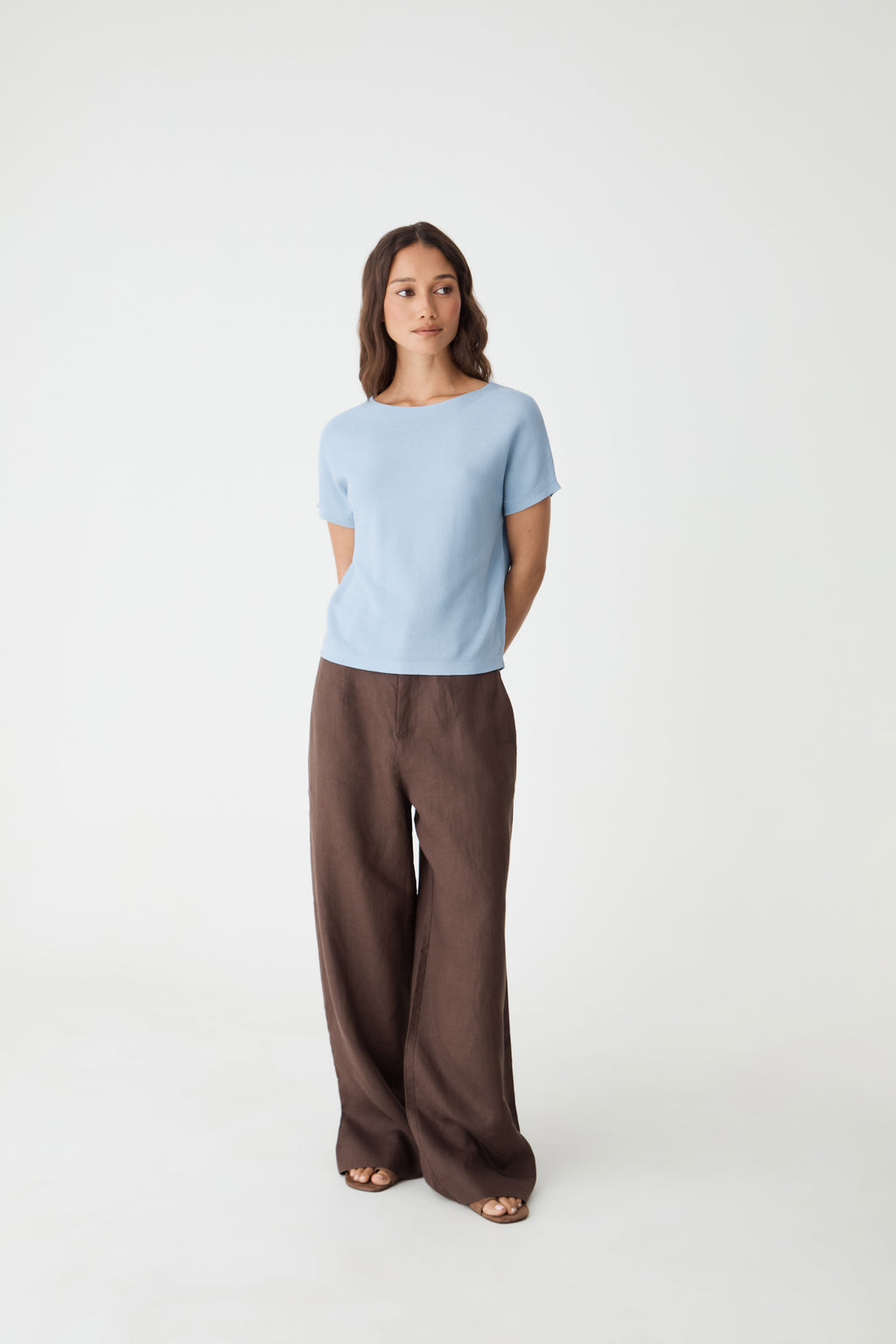 Brandy Relaxed Cotton Knit Top in powder blue — full-length view