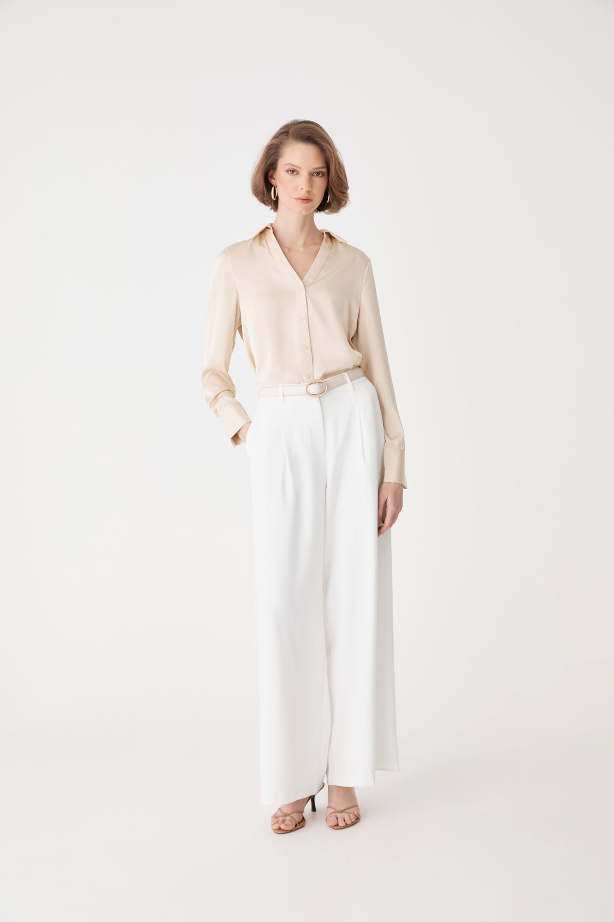 Daphne Pleated Crepe Pants in ivory — full-length view