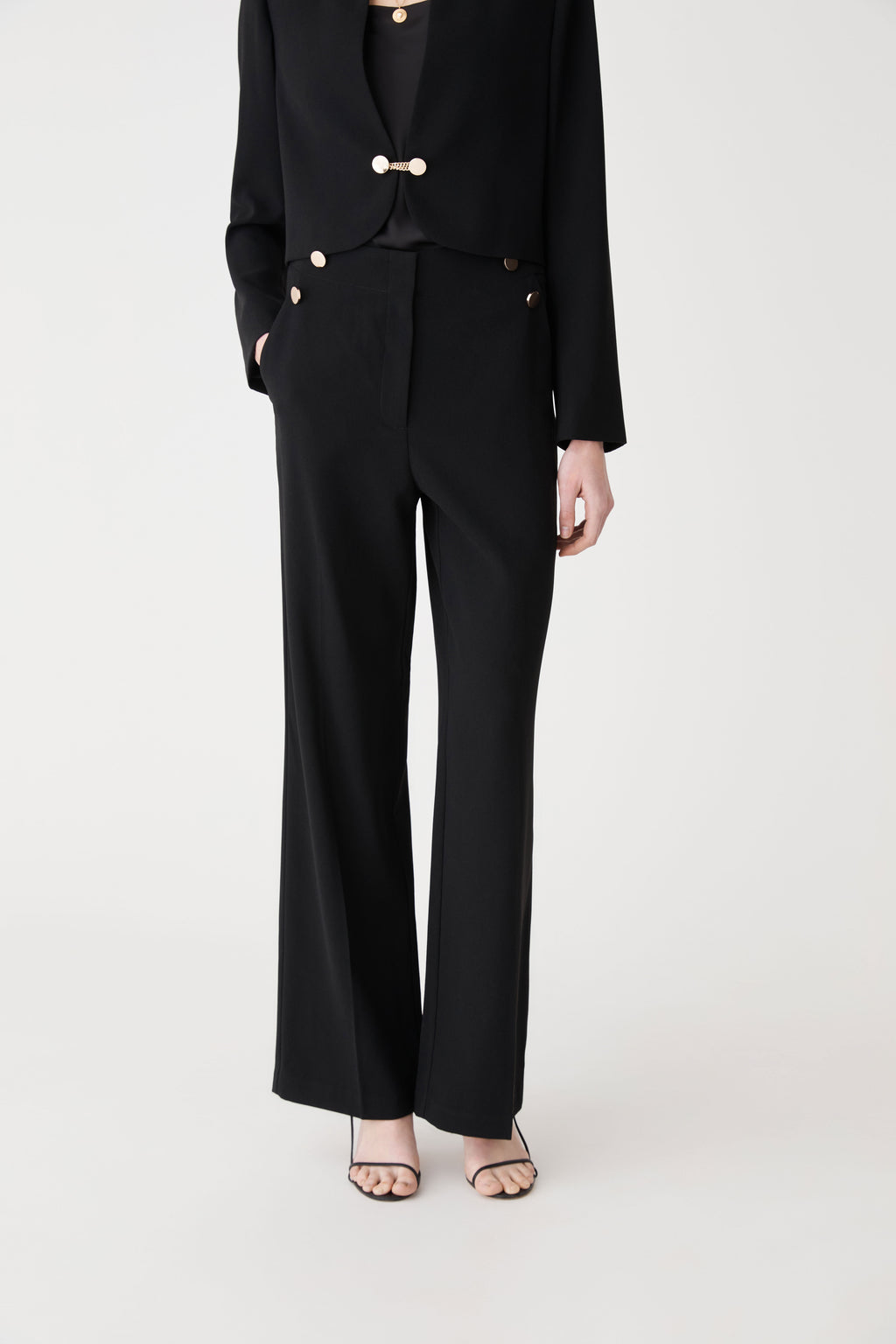 Veronica Button Crepe Pants in black — close-up view