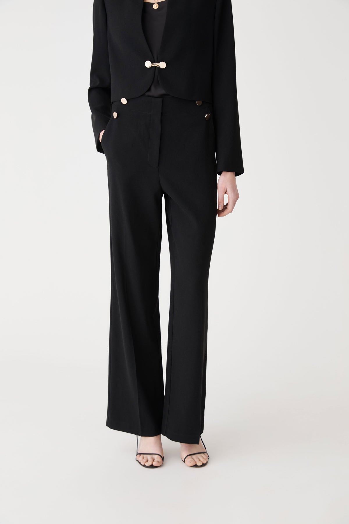 Veronica Button Crepe Pants in black — close-up view
