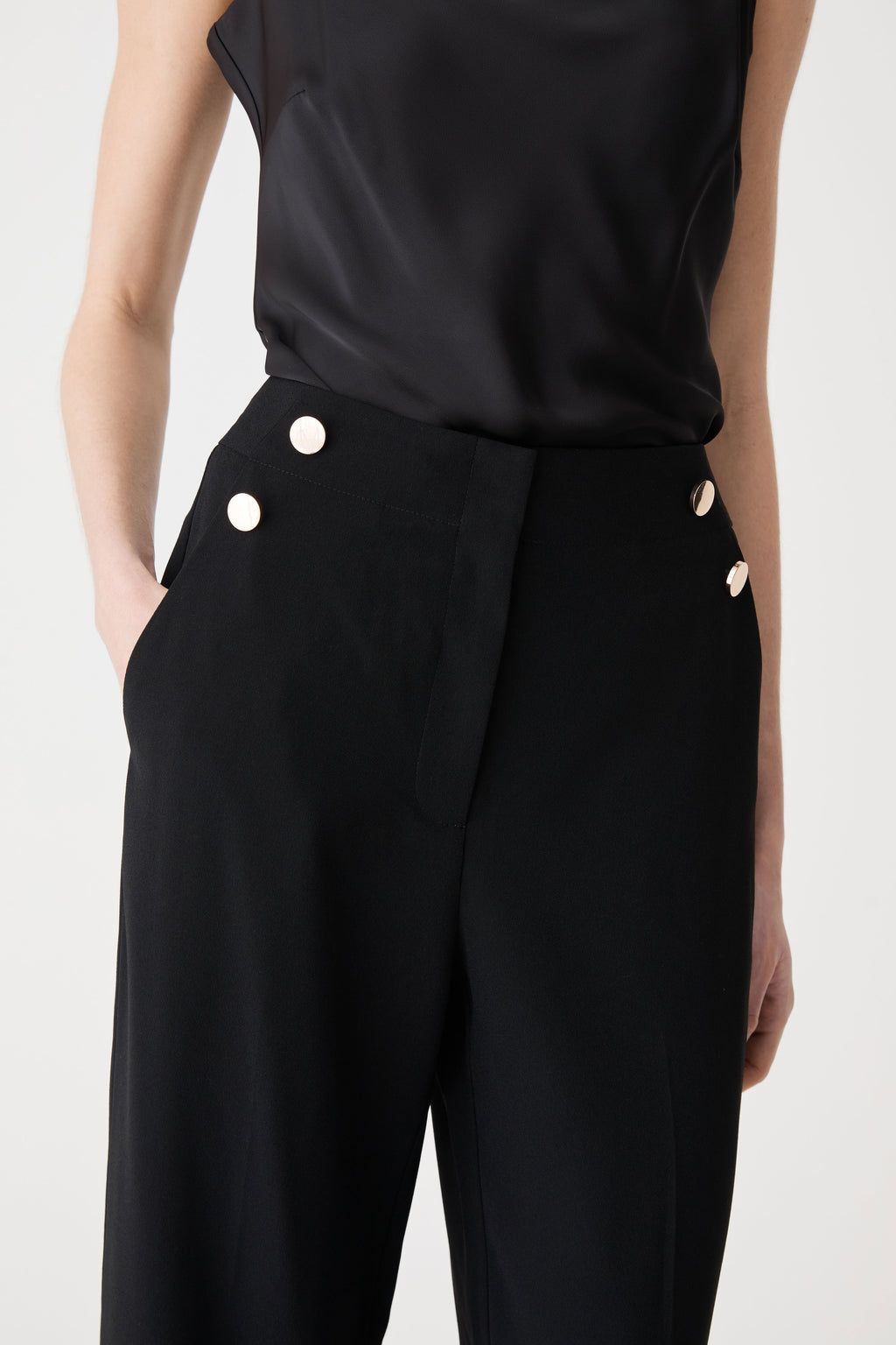 Veronica Button Crepe Pants in black — fabric detail