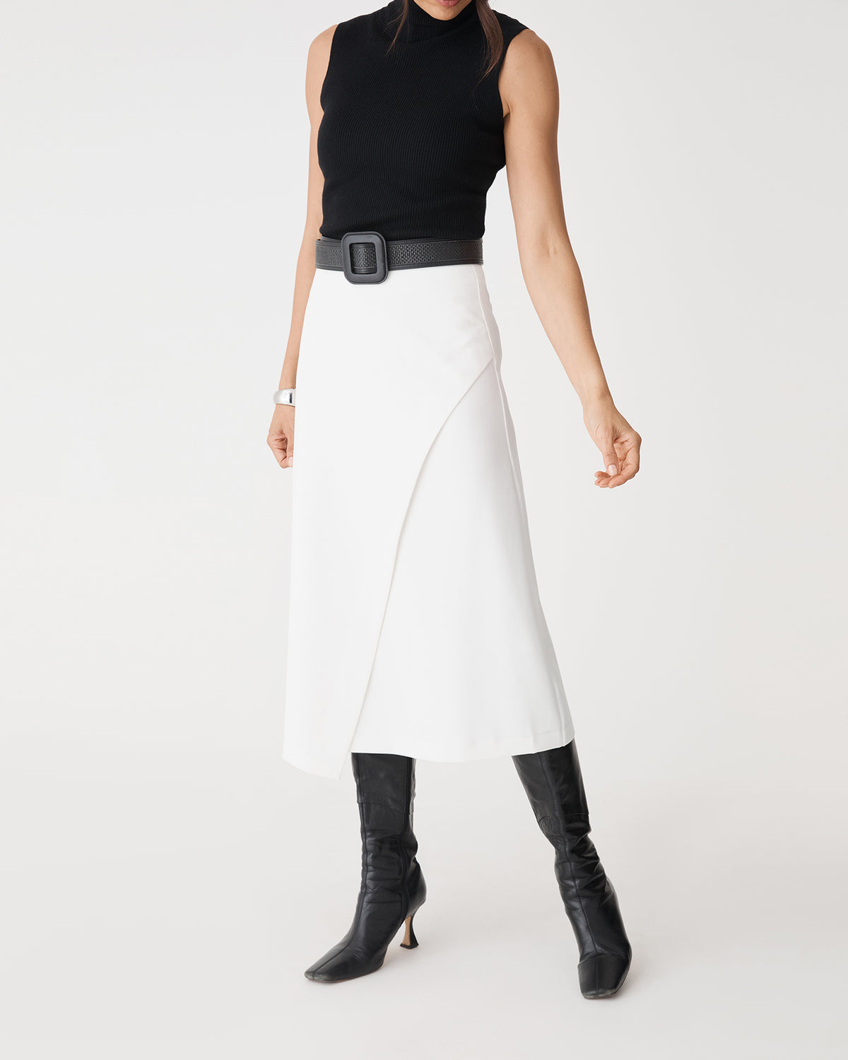Jennifer ALine Faux Wrap Skirt in ivory — close-up view
