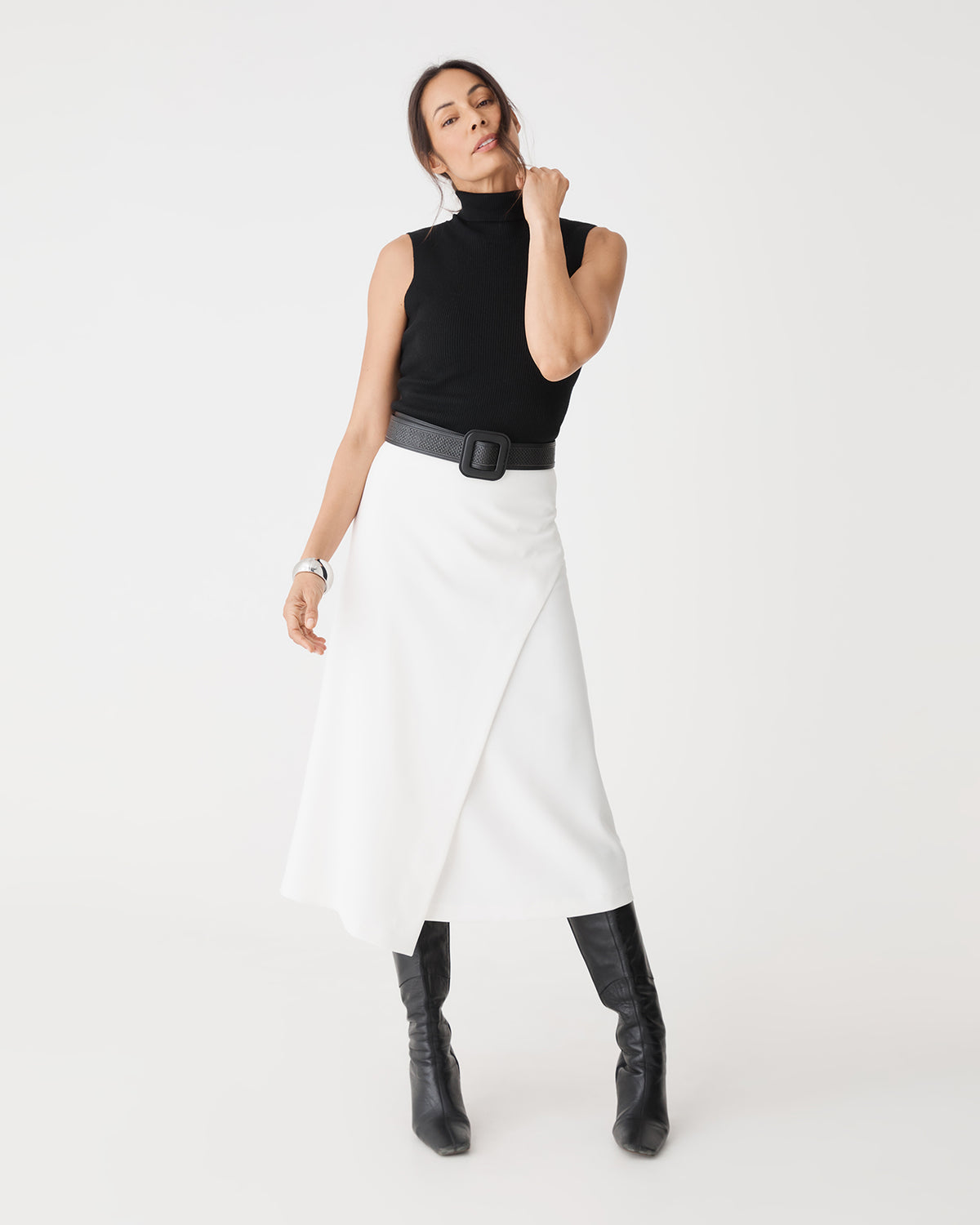 Jennifer ALine Faux Wrap Skirt in ivory — front view