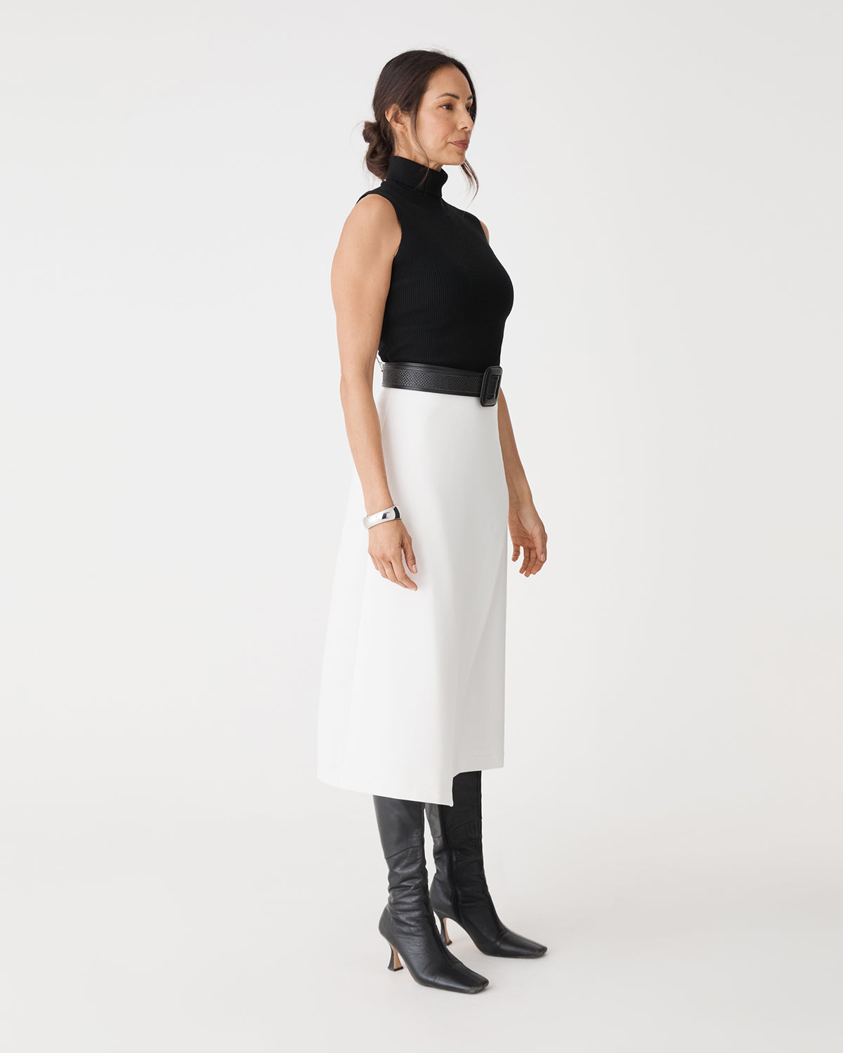 Jennifer ALine Faux Wrap Skirt in ivory — side view
