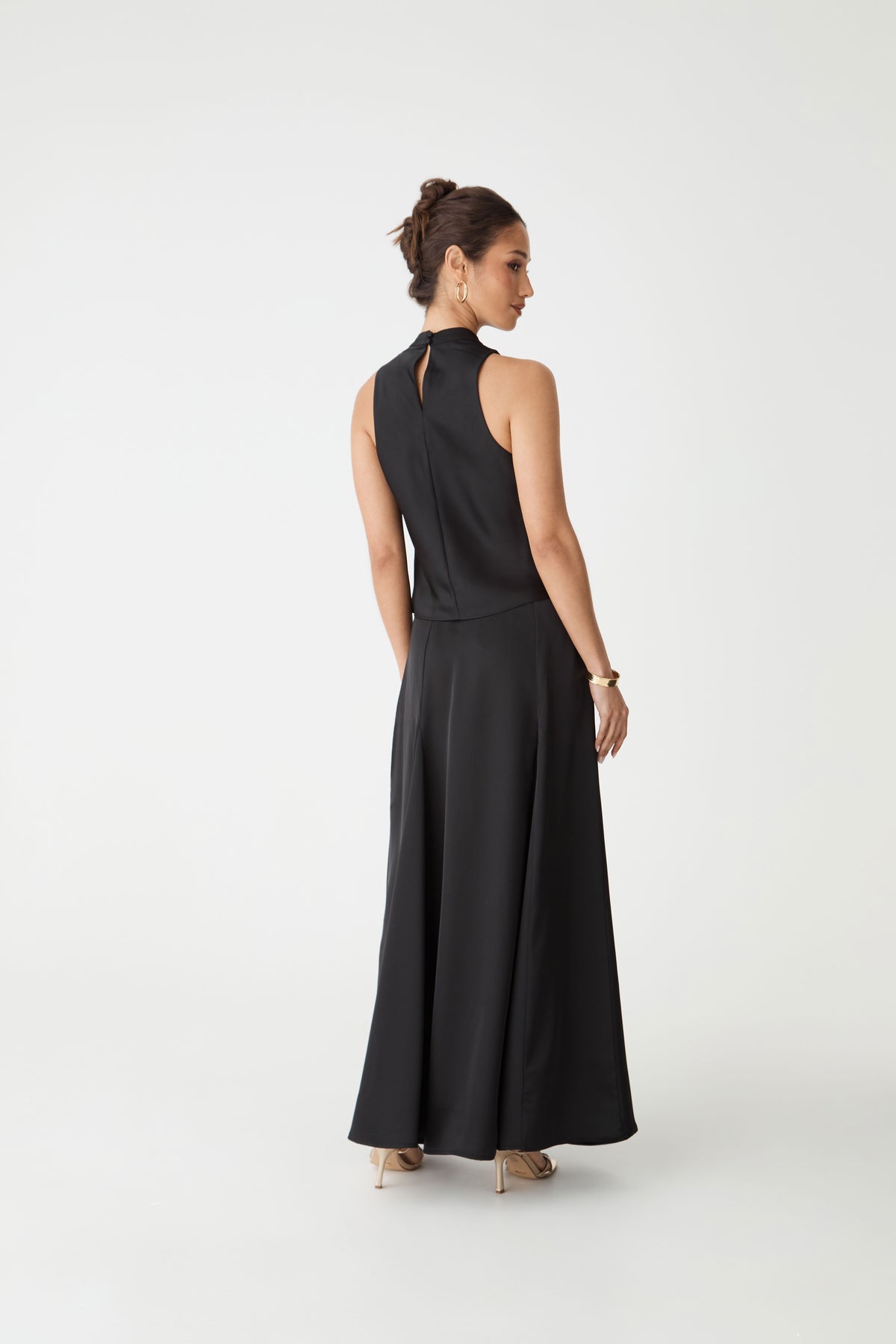 Freya Satin Godet Skirt in black — back view