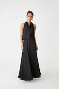 Freya Satin Godet Skirt in black — full-length view