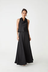 Freya Satin Godet Skirt in black — full-length view