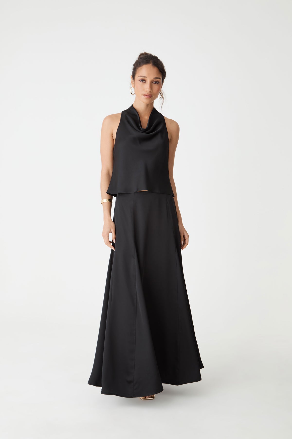 Freya Satin Godet Skirt in black — full-length view