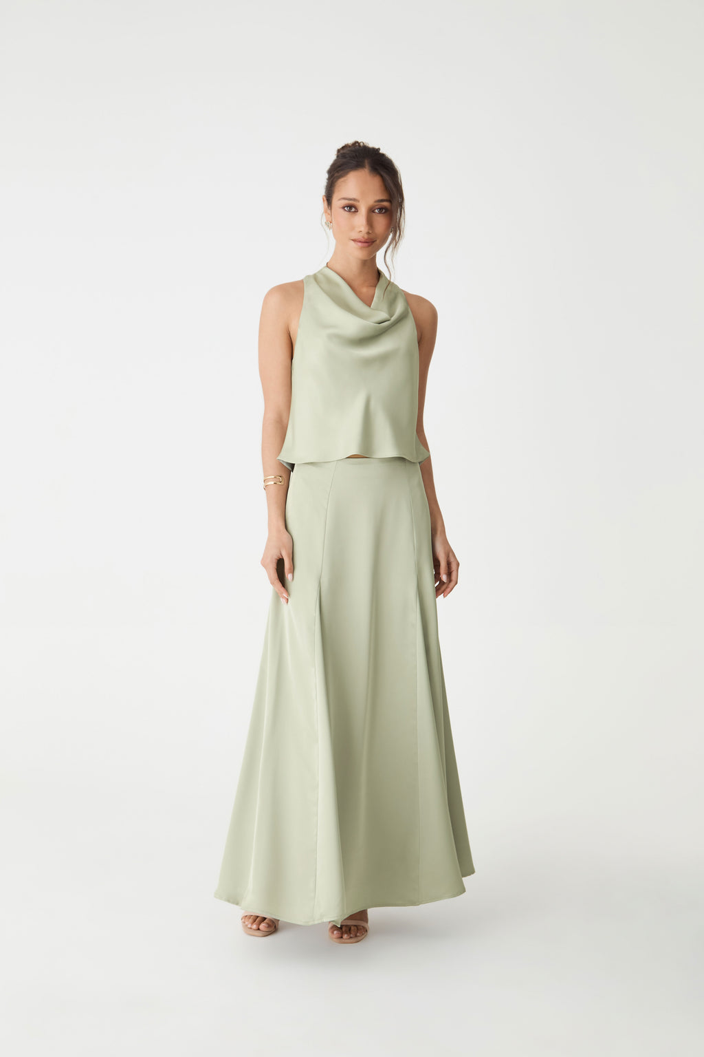 Freya Satin Godet Skirt in pistachio — full-length view