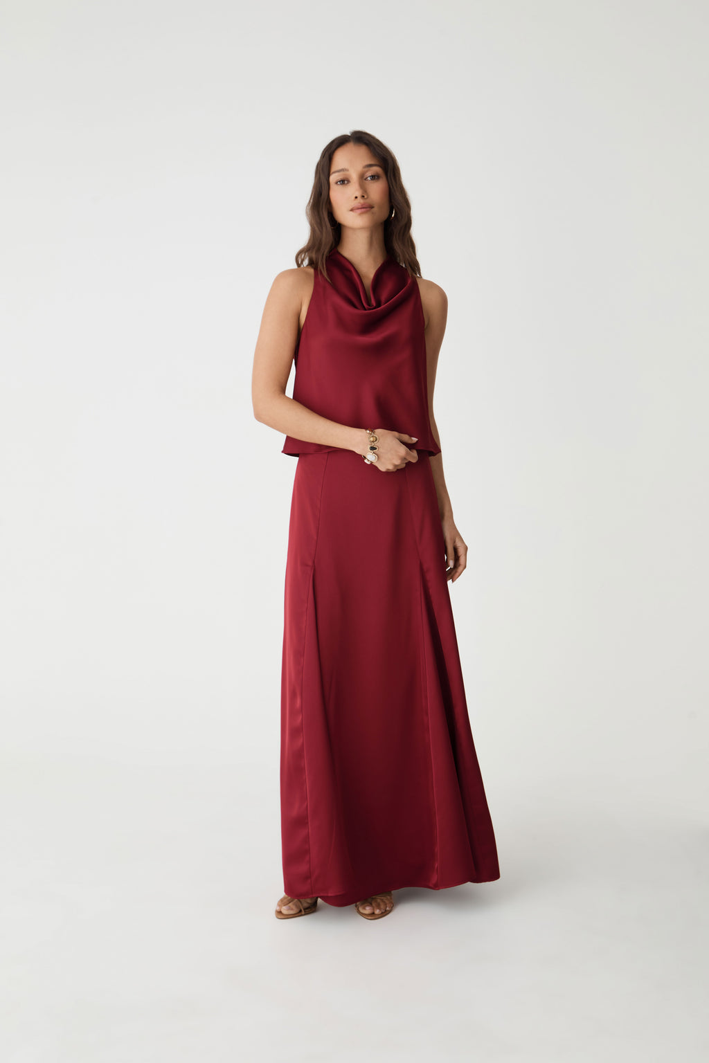 Freya Satin Godet Skirt in rhubarb — full-length view