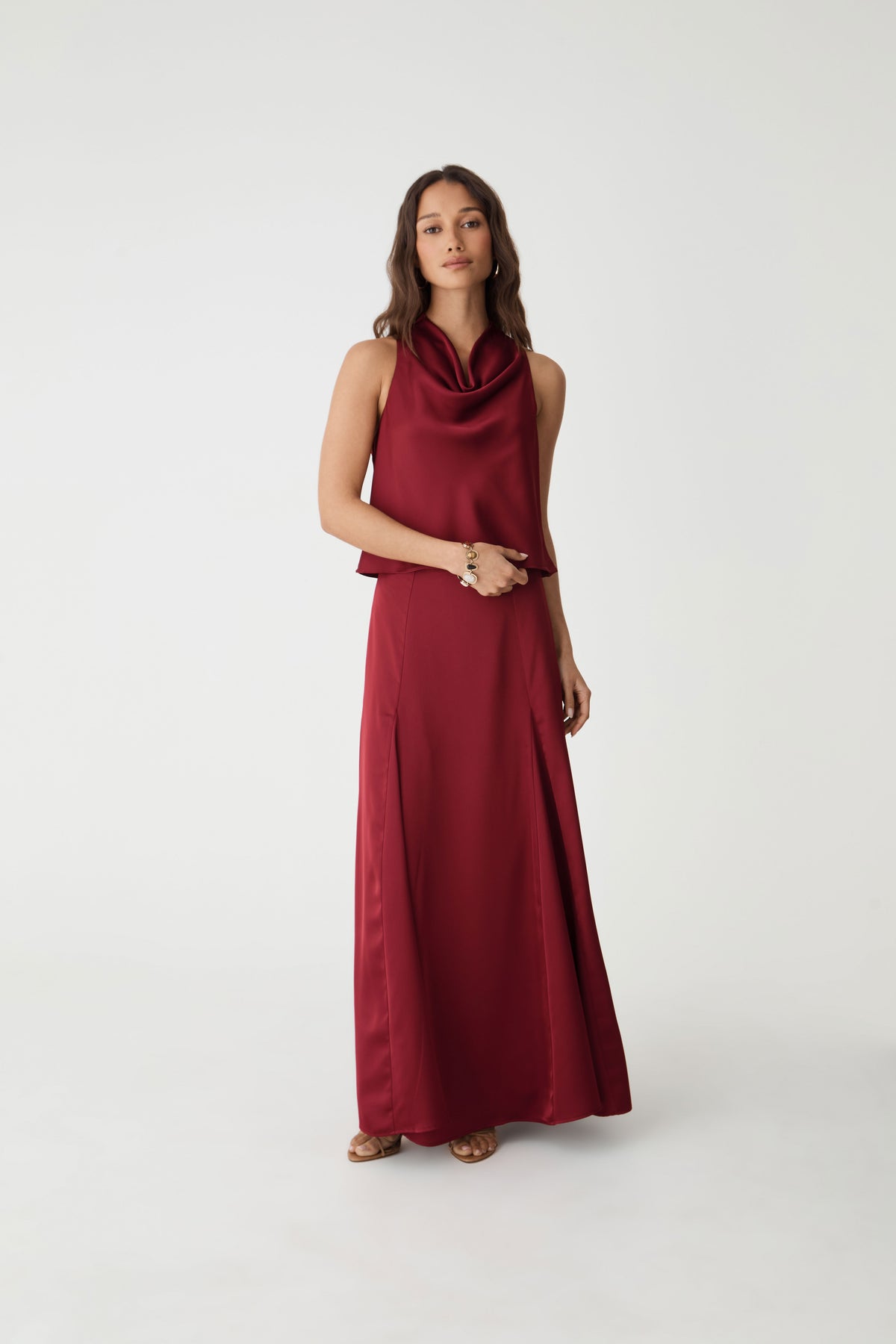 Freya Satin Godet Skirt in rhubarb — full-length view