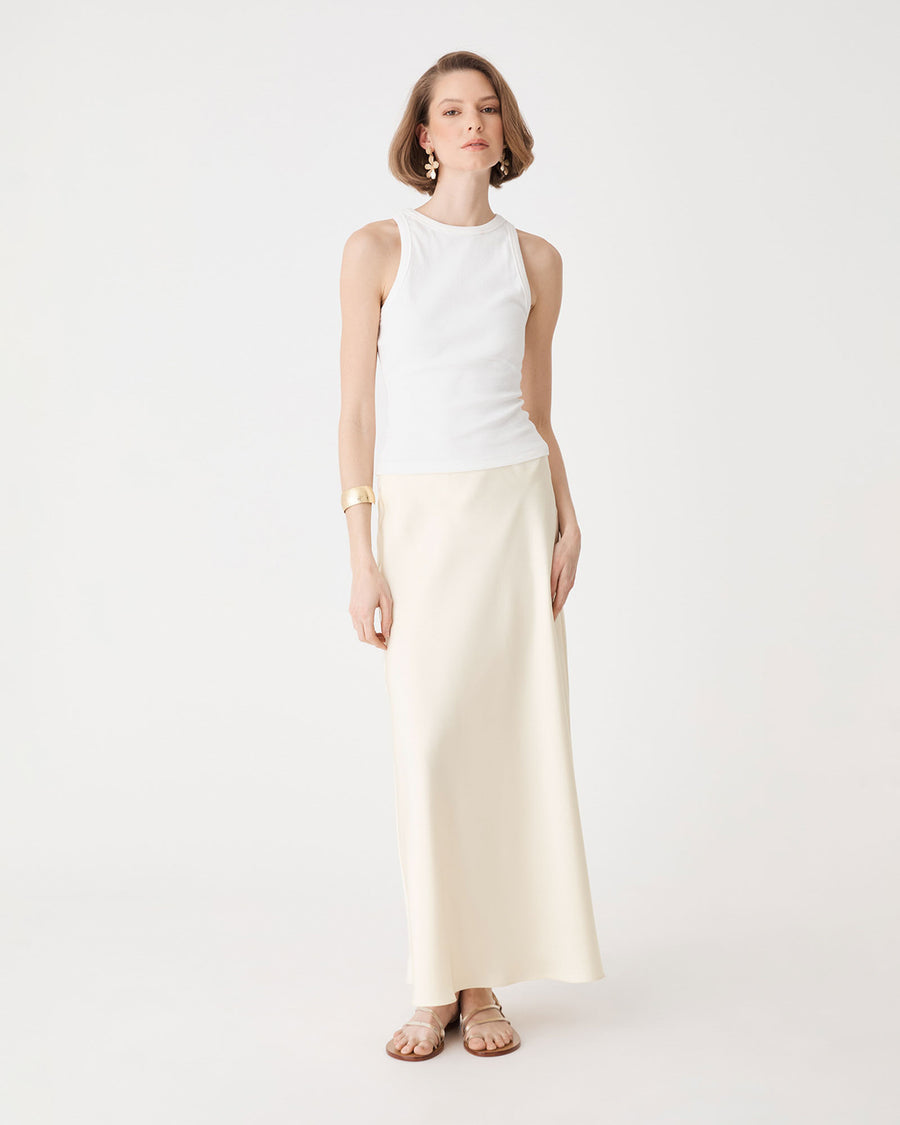 Louise Bias Satin Skirt in vanilla — full-length view