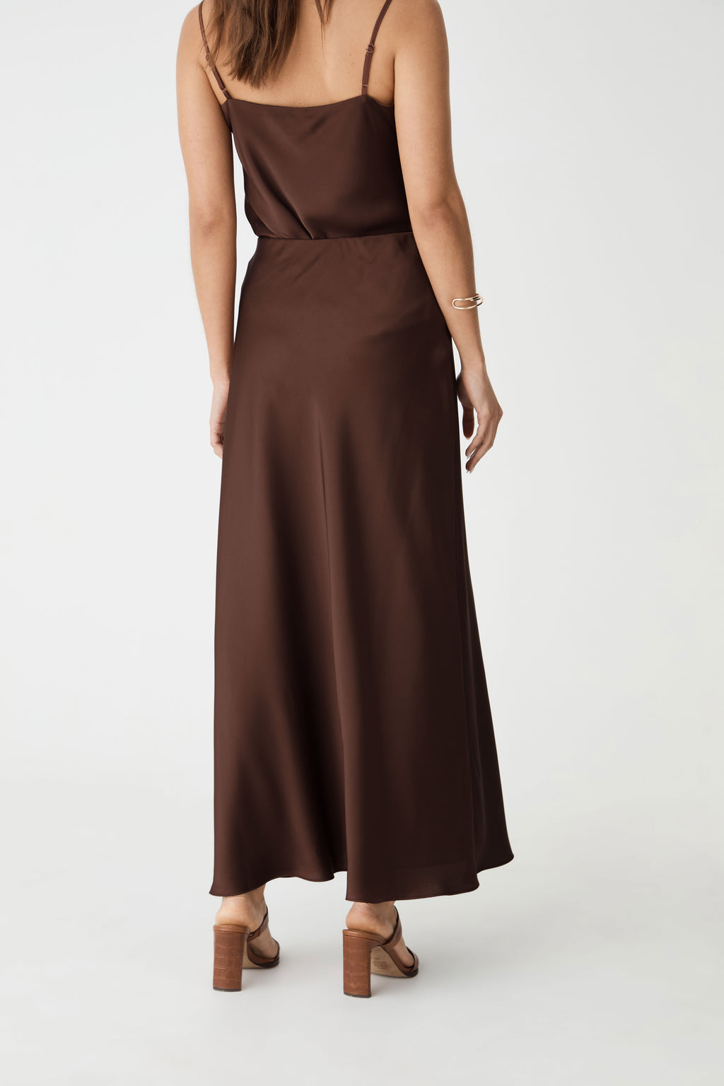 Lindsay Bias Satin Skirt in fudge — back view