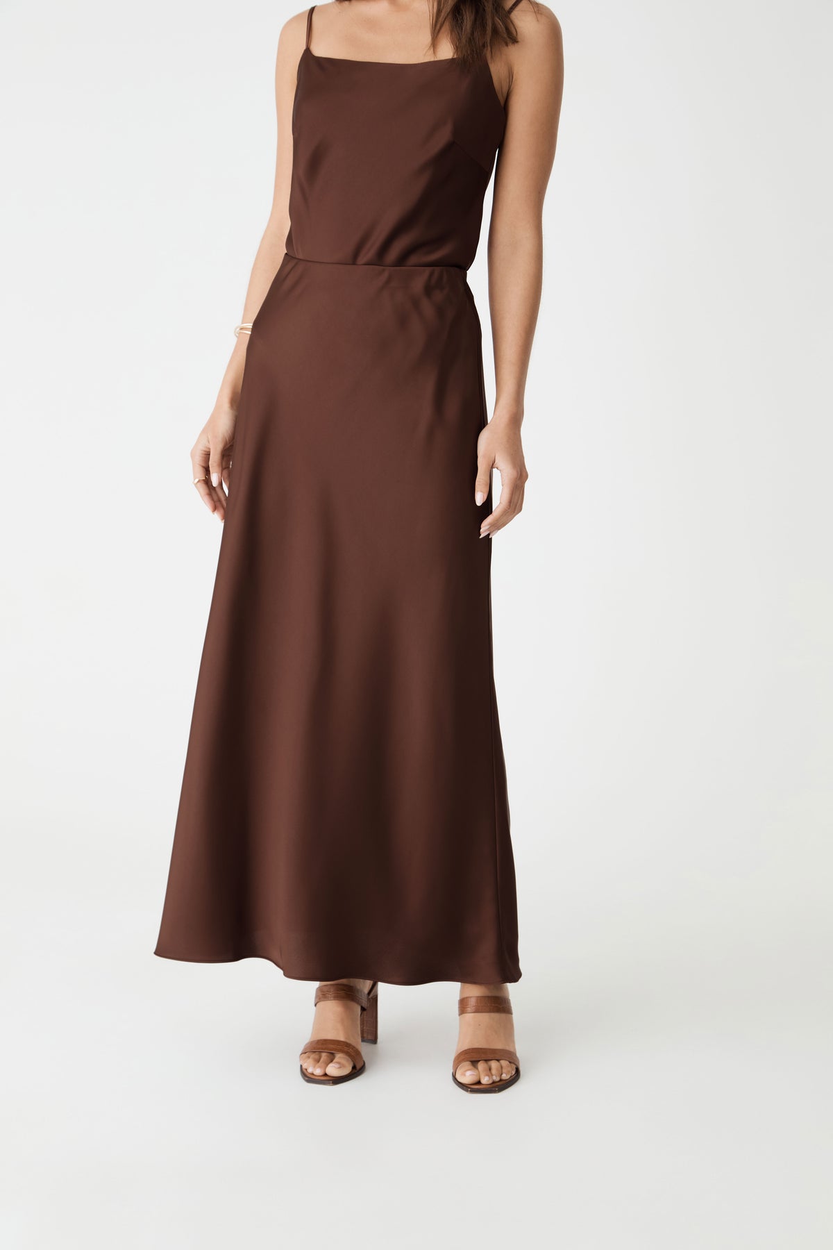 Lindsay Bias Satin Skirt in fudge — close-up view
