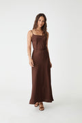 Lindsay Bias Satin Skirt in fudge — full-length view