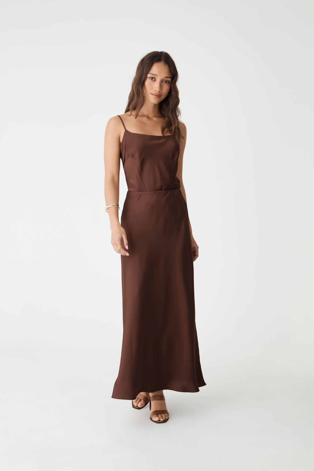 Lindsay Bias Satin Skirt in fudge — full-length view