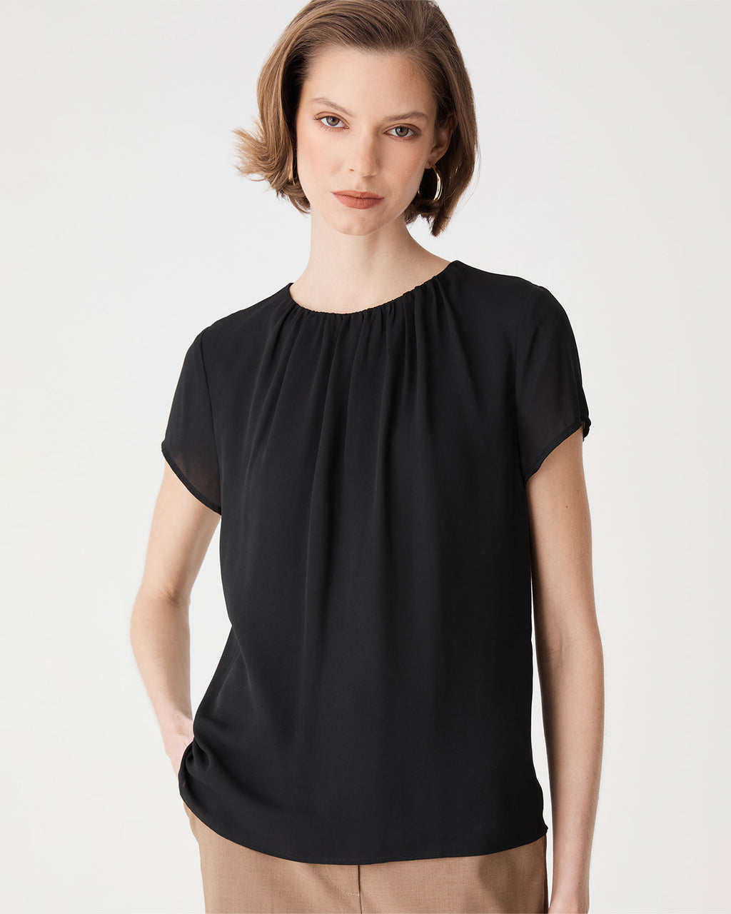 Angela Gathered Neck Top in black — fabric detail