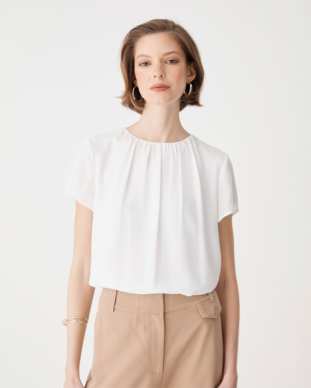 Angela Gathered Neck Top in snow — close-up view