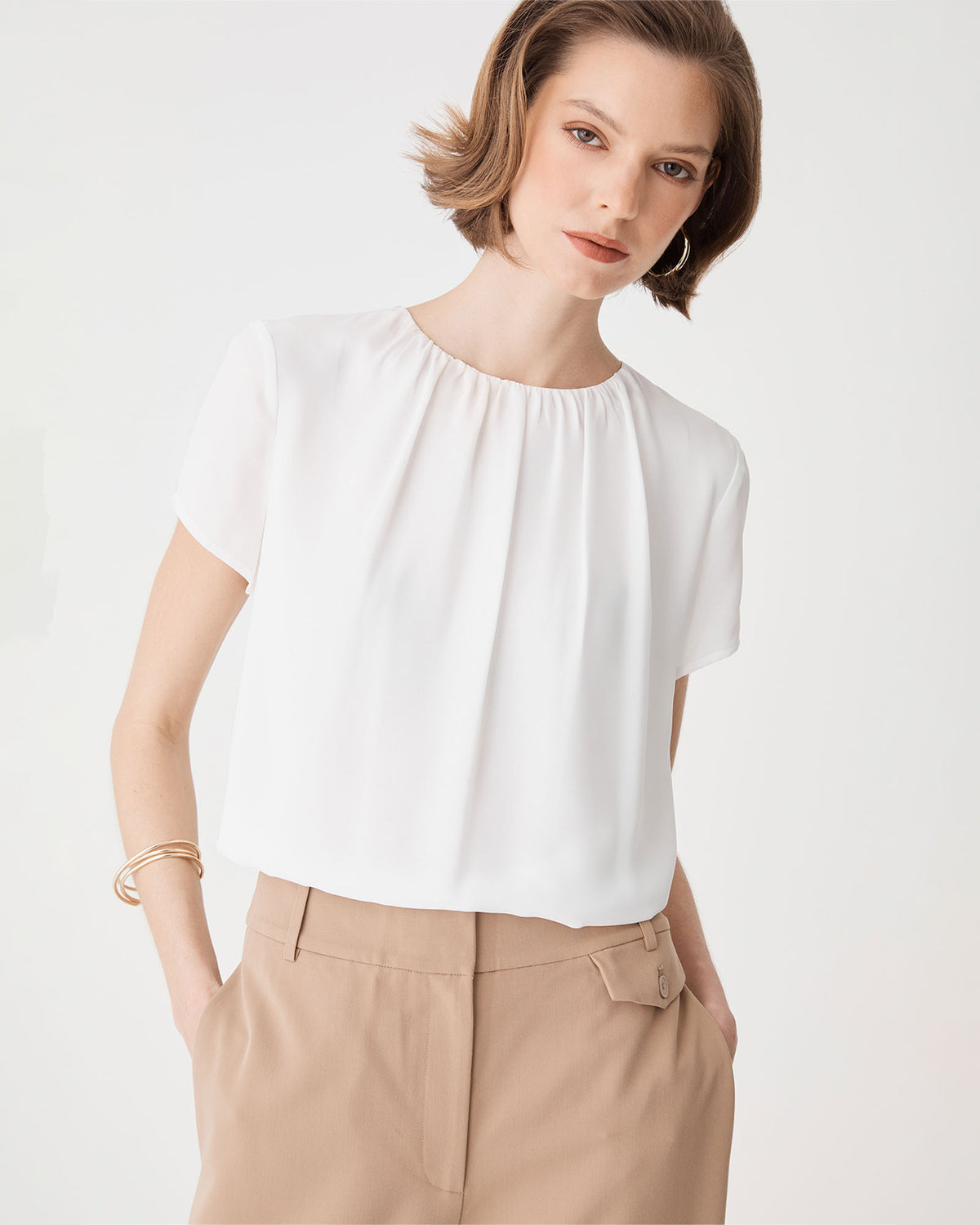 Angela Gathered Neck Top in snow — fabric detail