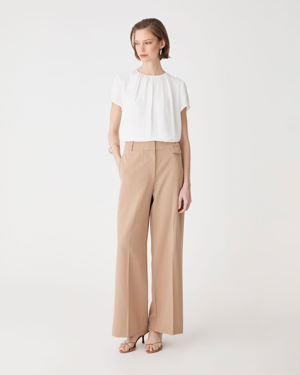 Angela Gathered Neck Top in snow — full-length view