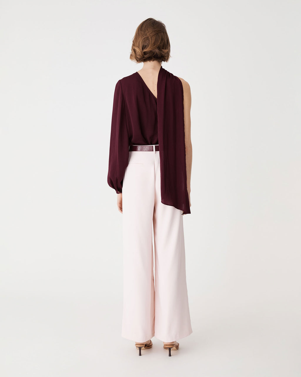 Opal One Shoulder Scarf Top in blackberry — back view