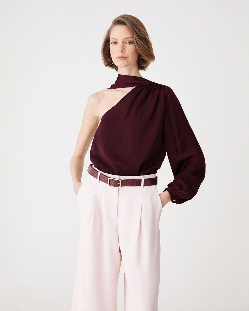 Opal One Shoulder Scarf Top in blackberry — close-up view