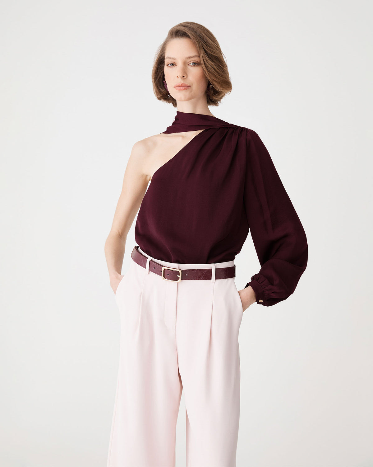 Opal One Shoulder Scarf Top in blackberry — close-up view