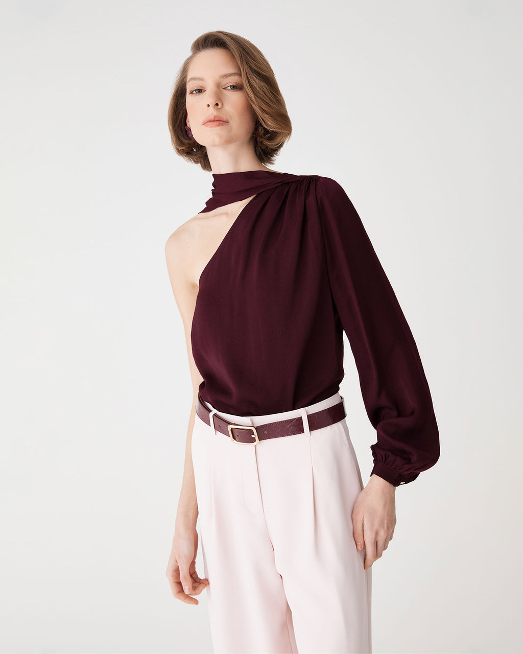Opal One Shoulder Scarf Top in blackberry — fabric detail