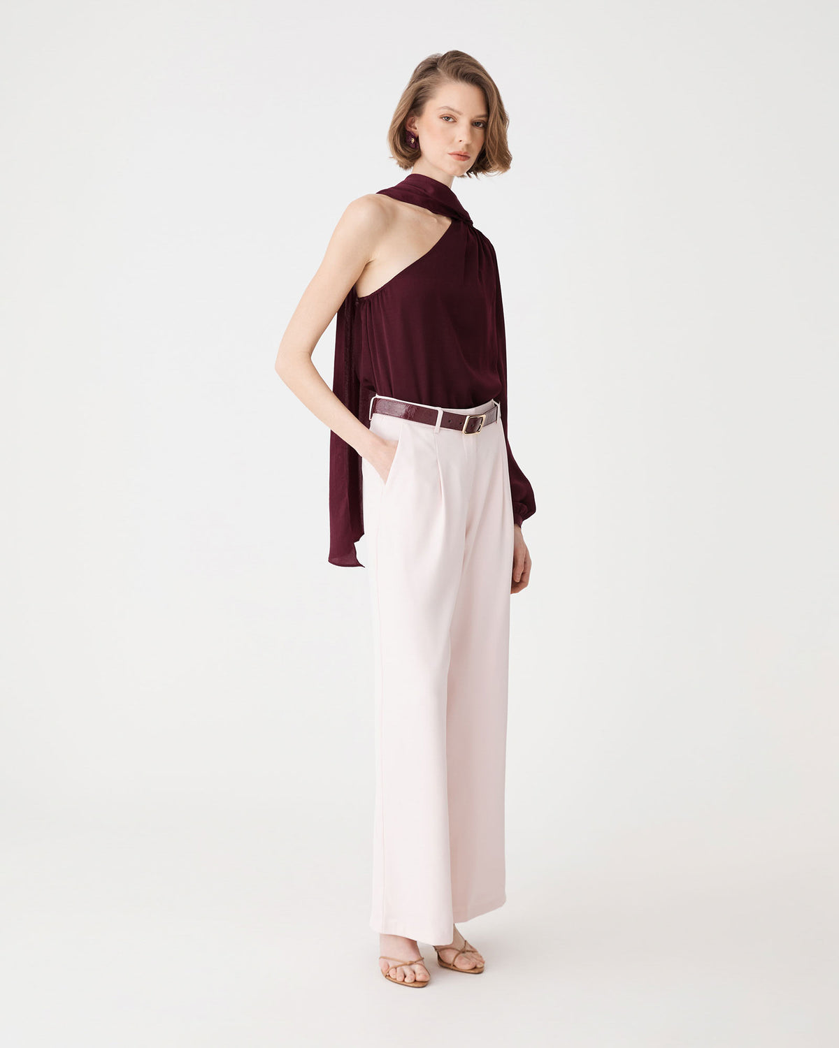 Opal One Shoulder Scarf Top in blackberry — side view