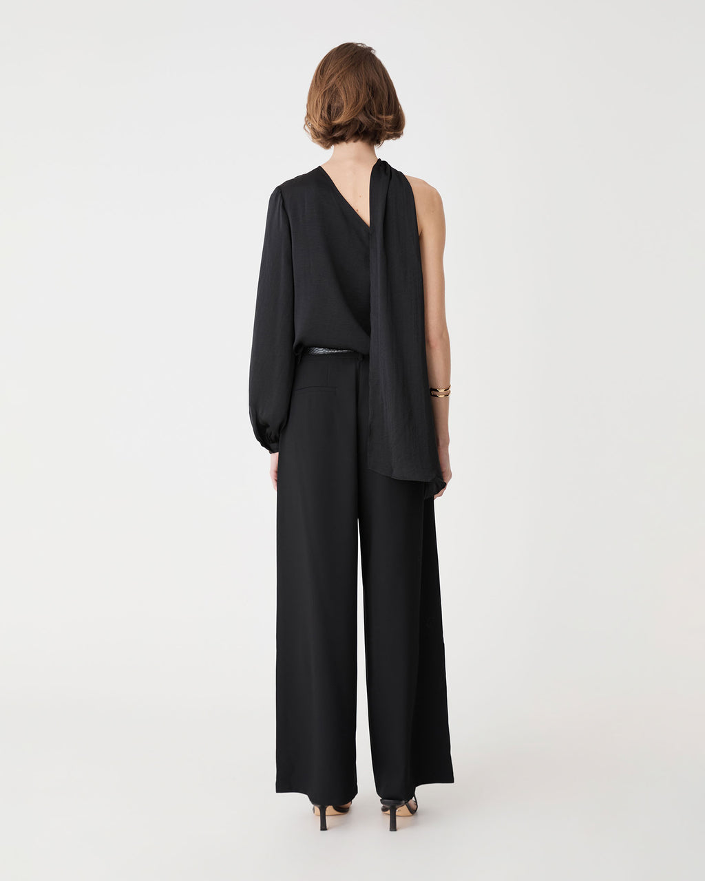 Opal One Shoulder Scarf Top in black — back view