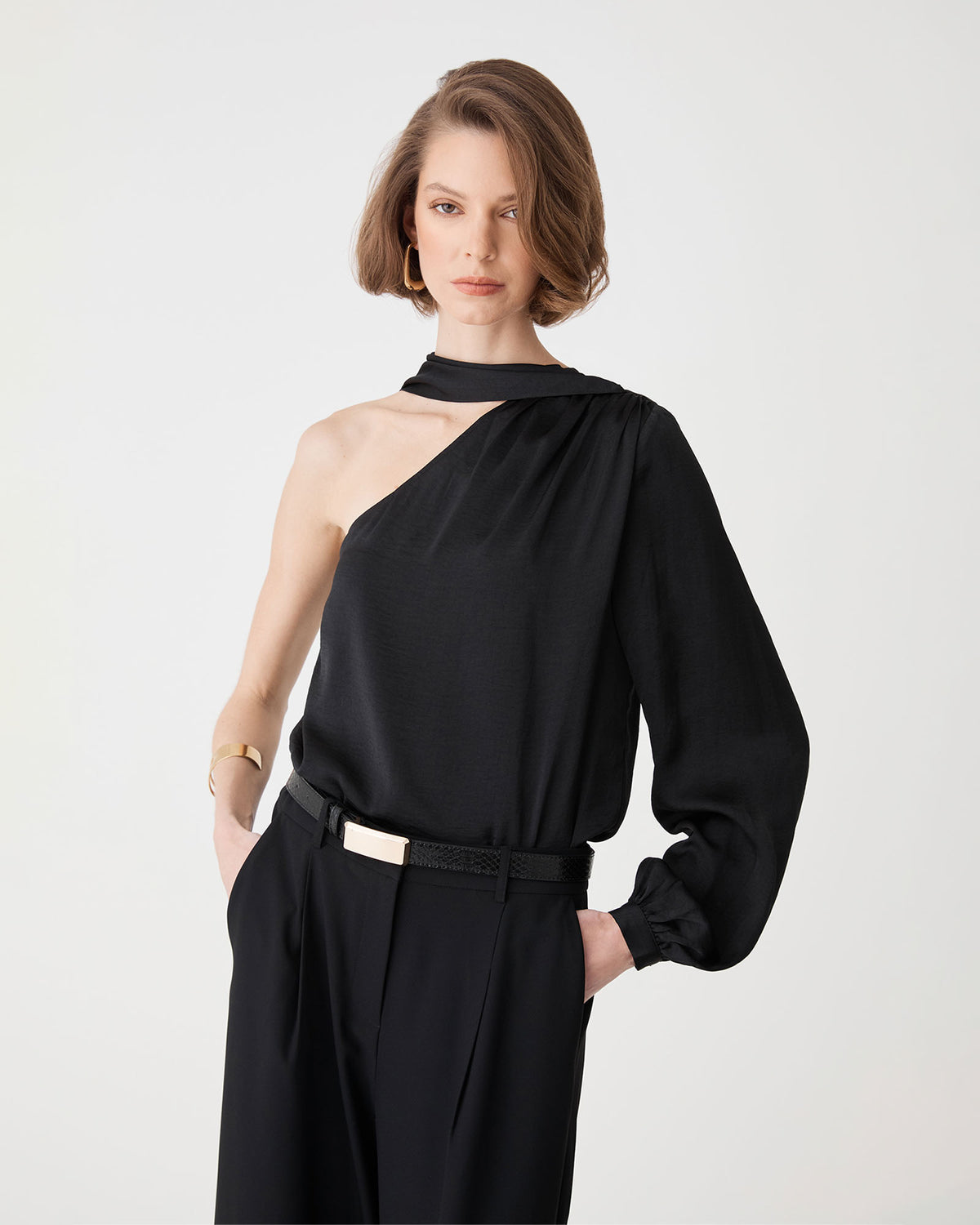 Opal One Shoulder Scarf Top in black — close-up view