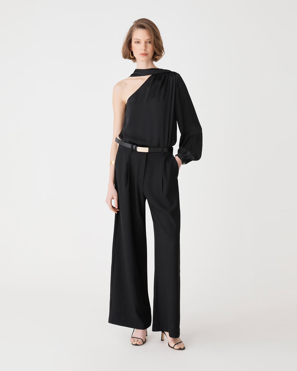 Opal One Shoulder Scarf Top in black — full-length view