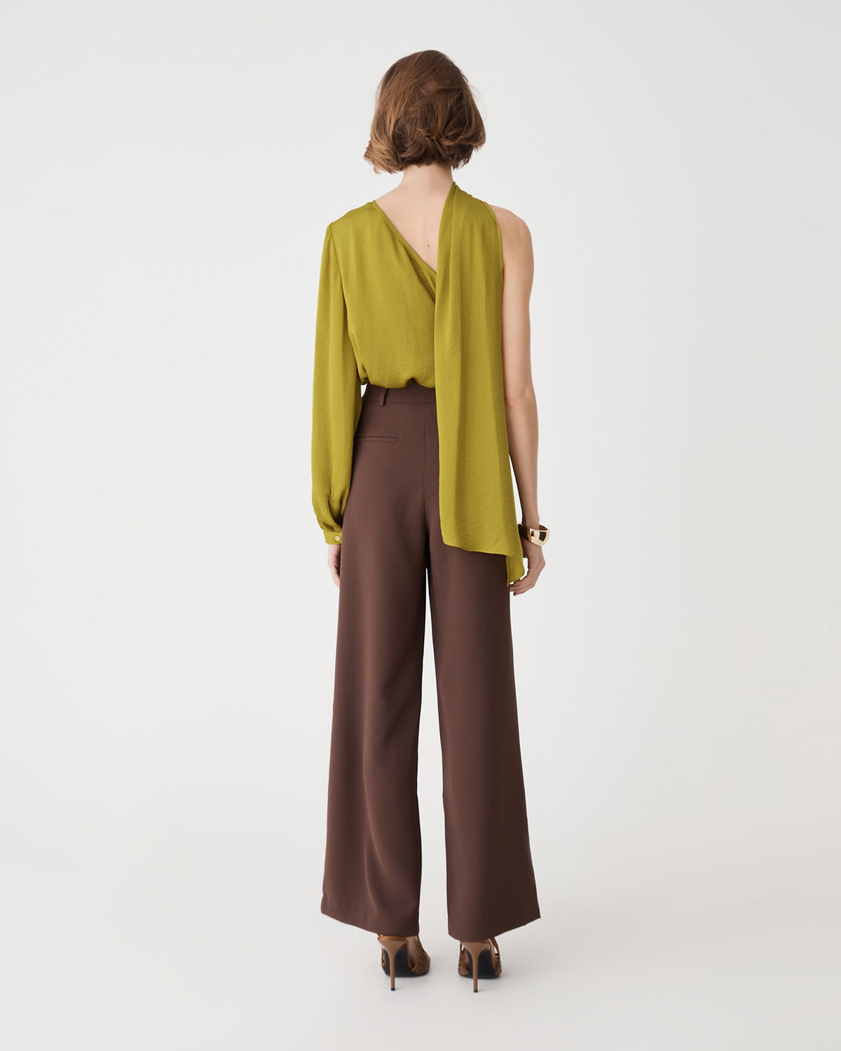 Opal One Shoulder Scarf Top in chartreuse — back view