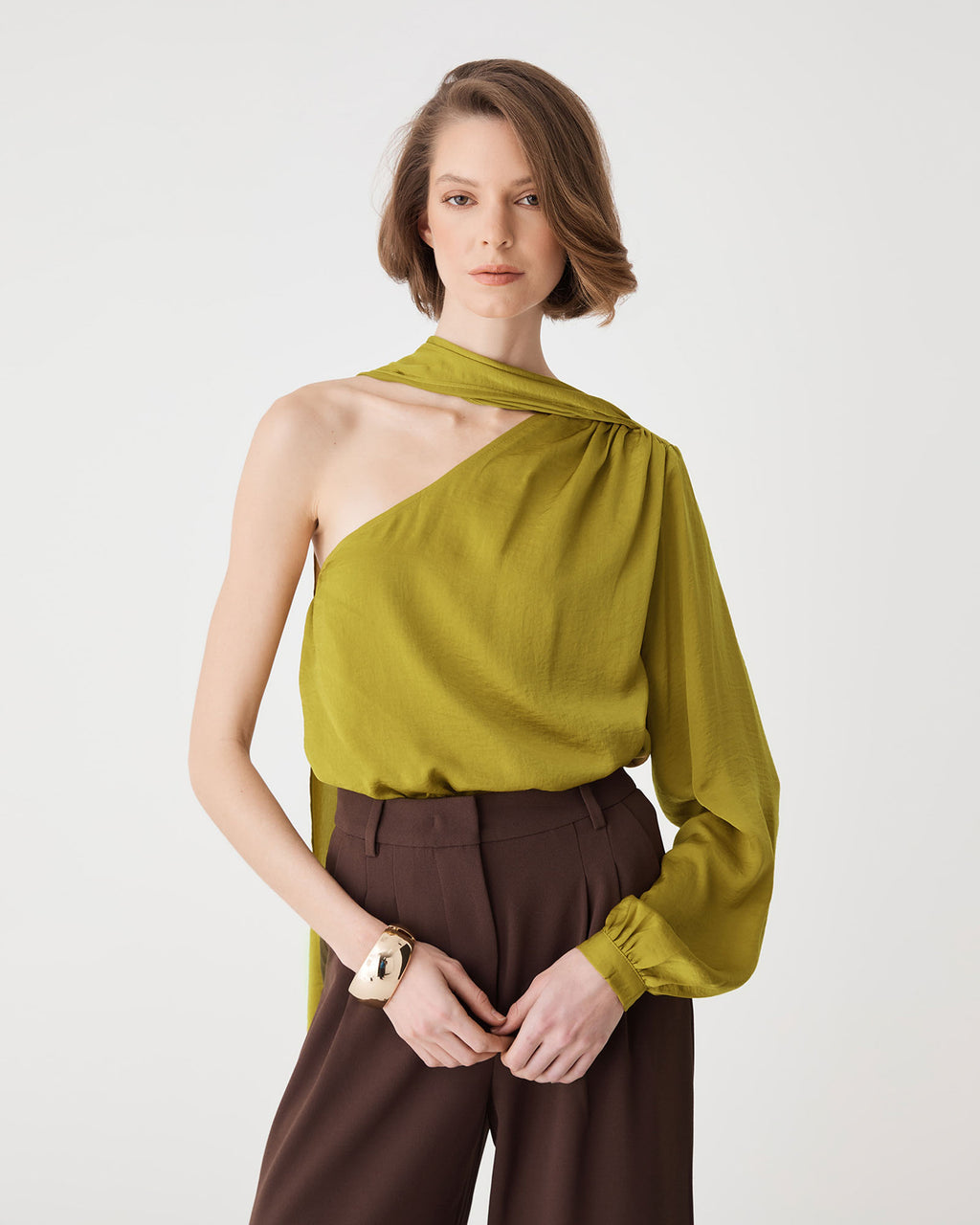 Opal One Shoulder Scarf Top in chartreuse — close-up view