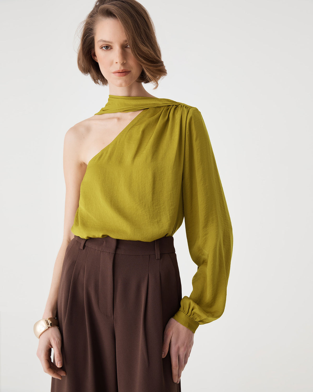 Opal One Shoulder Scarf Top in chartreuse — fabric detail